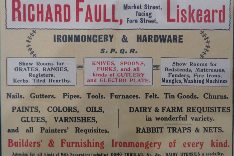 A 1916 advertisement by the 'People's Ironmonger'. Note the very early Liskeard phone number.