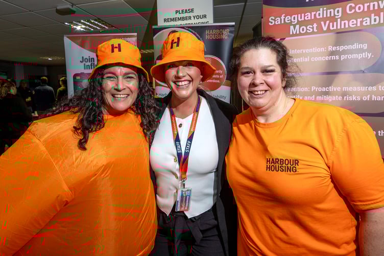 Cornwall College business partnership manager Rebecca Trestrail, centre, with Rachel Battleday, right, of Harbour Housing and volunteer Helen.