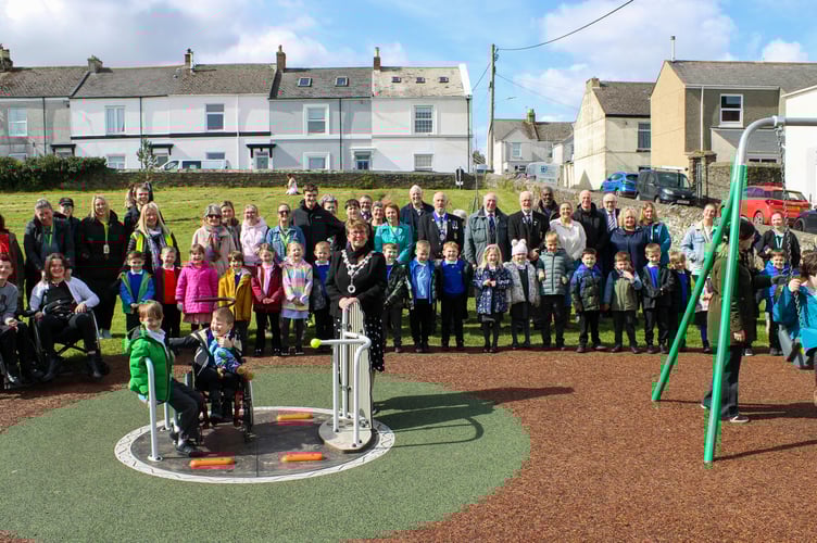 Torpoint Mayor, Cllr Julie Martin, helps officially open the new play facilities in the town alongside youngsters Archie and Remy