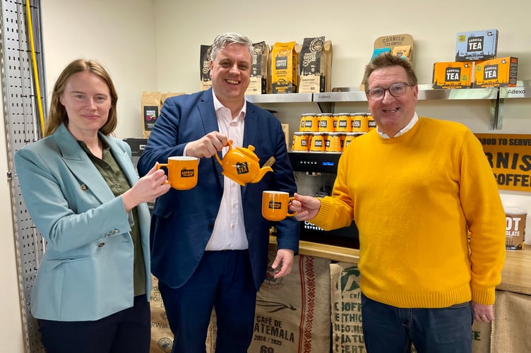 South East Cornwall MP, Anna Gelderd, alongside Minister Blair McDougall and Cornish Tea & Coffee Company managing director Duncan Bond  (Picture: Cornish Times)