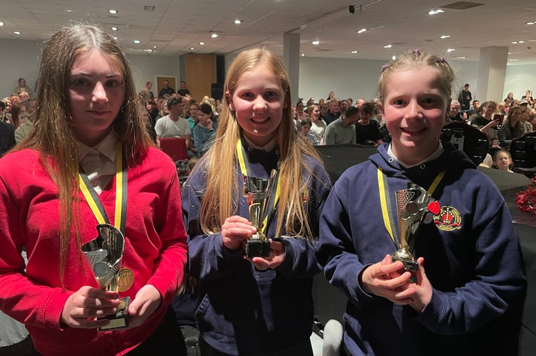 Year 5/6 Girls: Winner Theia Jones (Bishop Cornish) in the centre alongside Emilia Kennedy (Pensilva) and Shara Ingleby (Bishop Cornish)