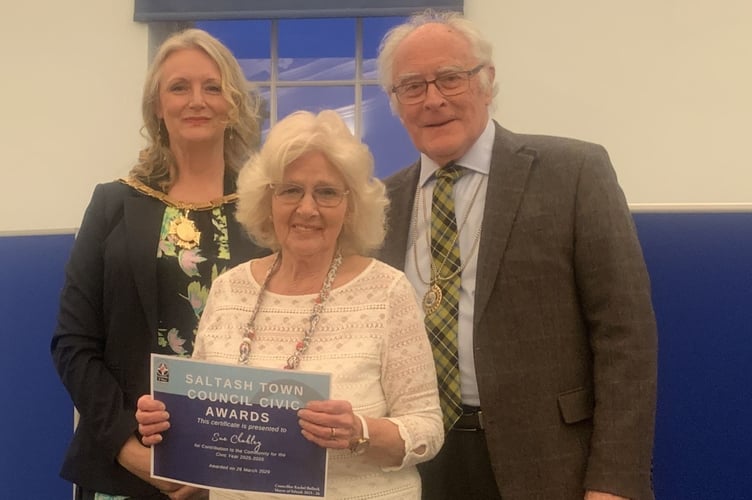 Saltash Mayor Cllr Rachel Bullock and deputy, Cllr Brian Stoyel were on hand to present the Contribution to the Community award to Sue Chakley
