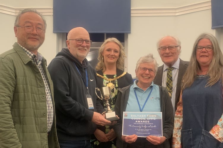 Representatives from the Community Fridge and Larder are presented with the Mayor’s Award – Essa Cup by Saltash Mayor Cllr Rachel Bullock and deputy, Cllr Brian Stoyel