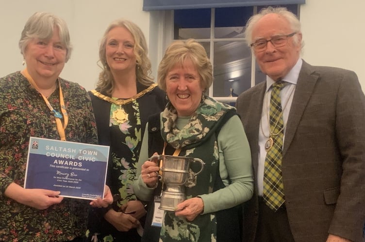 The Saltash Mayor, Cllr Rachel Bullock and her deputy, Cllr Brian Stoyel presented the Peter Stephens Cup to representatives from the Memory Box