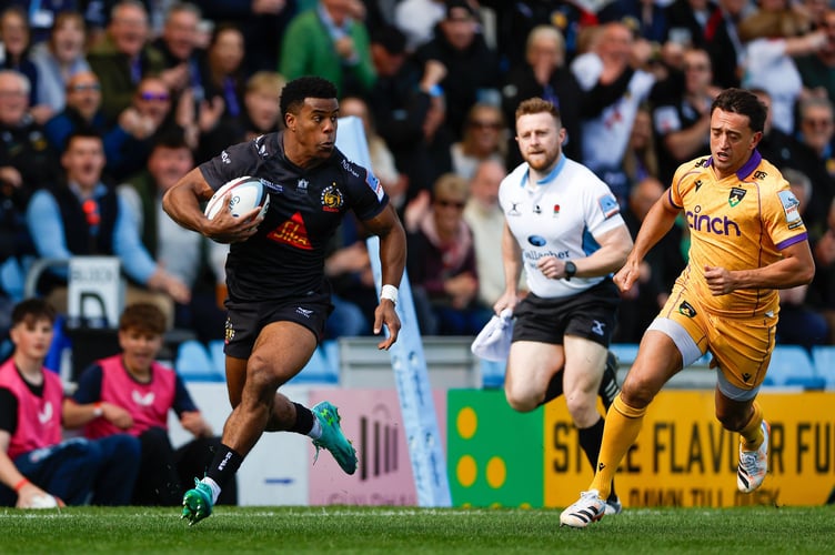 Exeter Chiefs winger Immanuel Feyi-Waboso opens the scoring against Northampton Saints at Sandy Park (Picture: Exeter Chiefs)