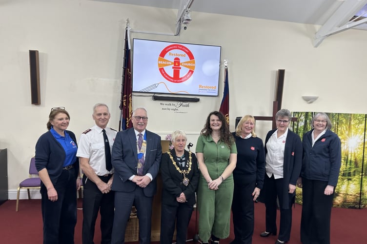 Mayor of Liskeard, Cllr Christina Whitty and Deputy Mayor, Cllr David Braithwaite flanked by members of The Salvation Army’s Family Ministries and the local church and charity’s leadership