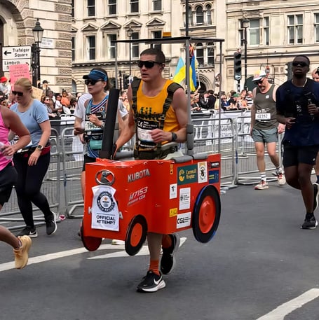 Michael Barrett, from Duloe near Liskeard, took on the London Marathon in a homemade Kubota-inspired costume while raising money for Cornwall Hospice Care