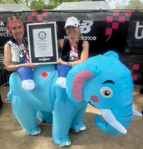 Emma Langstaff and Jo Robinson from Looe clocked an impressive 4:15:40 to set the fastest marathon time ever recorded in a two-person inflatable costume
