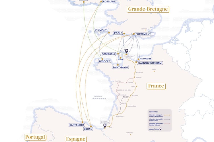 The extensive Brittany Ferries route map.