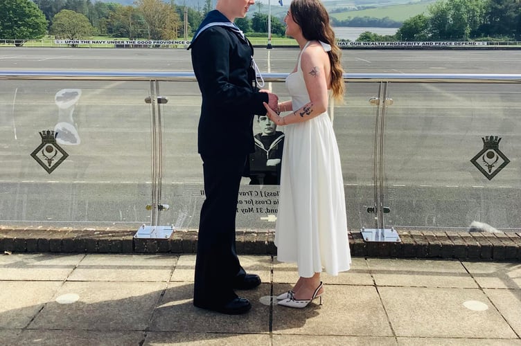 The happy couple Cameron Mitchel alongside his new fiancee Lexi-Jane Wanley at the parade ground at HMS Raleigh