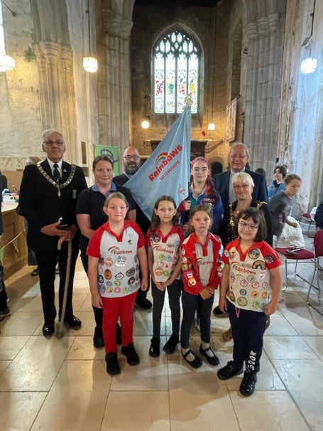 Young Rainbows attending a traditional church parade to celebrate Liskeard mayor, Cllr Christina Whitty’s last day in office, as well as their patron Saint Joan of Arc