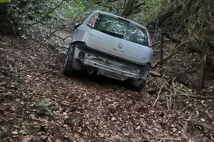 The abandoned silver Fiat Punto which has caused significant damage to grounds at St Austell Cricket Club