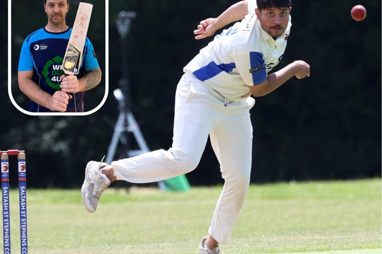 Saltash bowler Darshan Sathish sends down a delivery at Chapel, while (inset) Sam Renfree struck a maiden century for the club