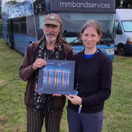 (L-R) David Brock from Hawkwind presents a signed The Train of Lights to Diane Griffiths