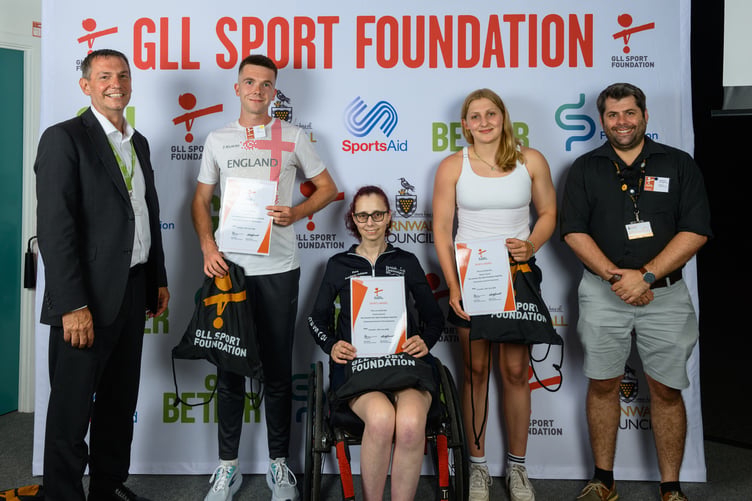 Steve Ward, GLL digital and technology director, long jumper Samuel Jose, para dressage rider Felicity Marriott, and open water swimmer Megan Cumner, with Cornwall Council leader Cllr Leigh Frost