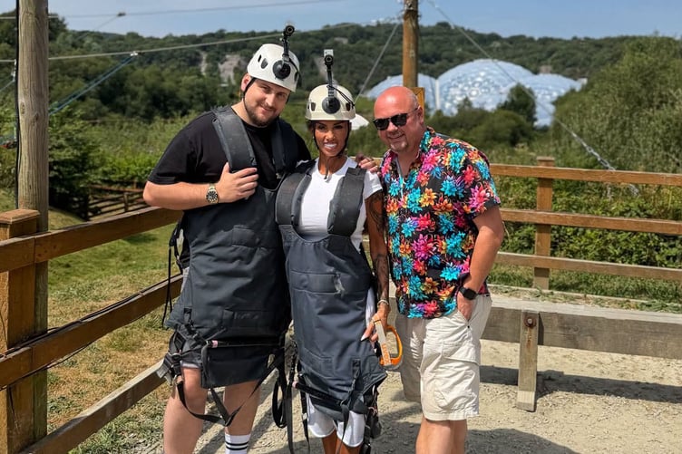 Celebrity Katie Price prepares to take on the Hangloose zip-line at Eden Project alongside Lewis Nicholls and Shane Solomon