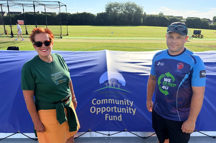 Sarah Perkins, SW Community Co-Ordinator for Samworth Brothers alongside Saltash Cricket Club chairman Shayn Rencher at their Chapel Field base