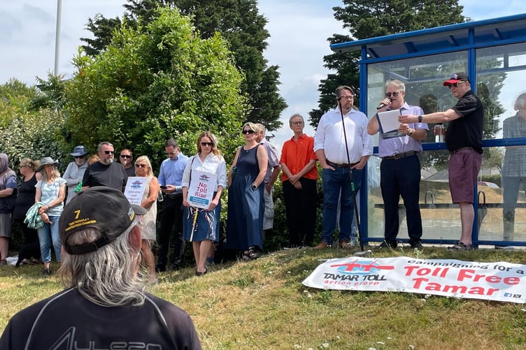 Tamar Toll Action Group chairman Scott Slavin addresses the crowd on the Plymouth side of the Tamar Bridge