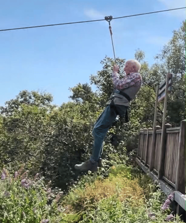 George Cole celebrated his 90th birthday by taking on the zip-line at Adrenalin Quarry at Menheniot