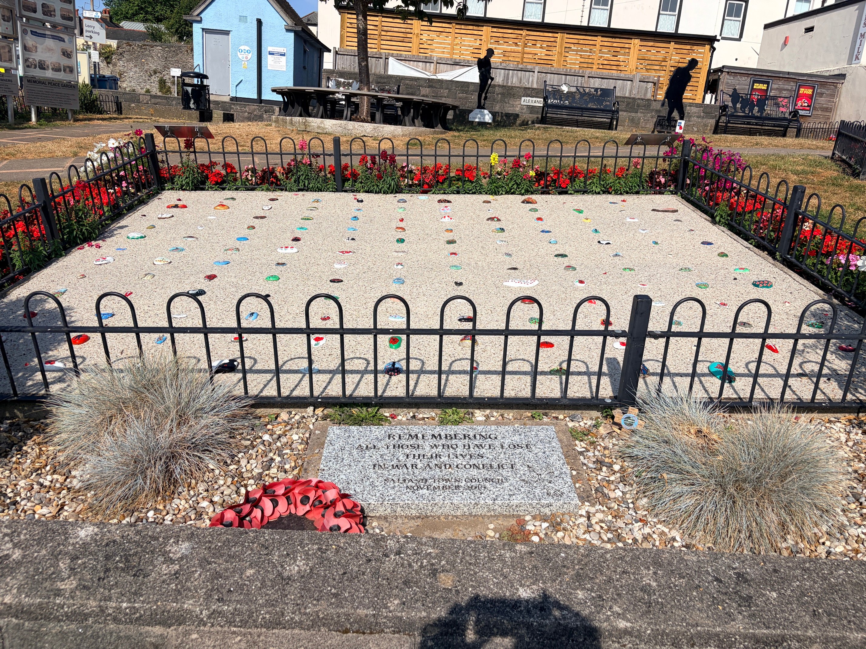 The restored World War One Pebble Memorial situated in the peace garden in Alexandra Square in Saltash  