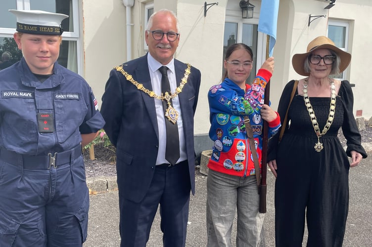 Liskeard Mayor, Cllr David Braithwaite and deputy, Cllr Sylvia Reid, pictured alongside representatives from the Torpoint Sea Cadets and 1st Liskeard Rainbows