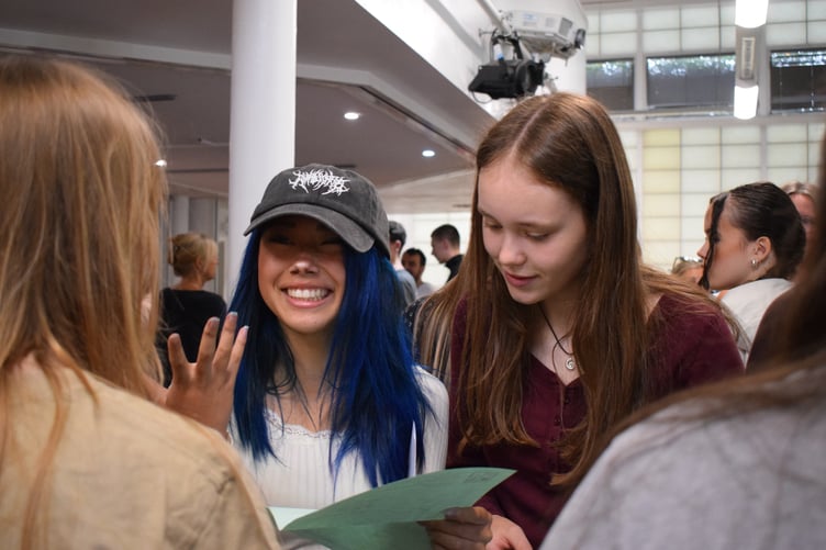 Betty Norman and Leila Kempe open their results together at Callington Community College