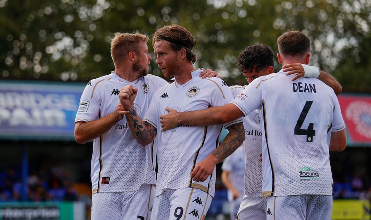 Goal celebrations for Tyler Harvey of Truro City during the Enterprise National League South match between Tonbridge Angels and Truro City at Longmead Stadium, Tonbridge on 22 August 2026 (Photo: Tom Cusden/PPAUK)