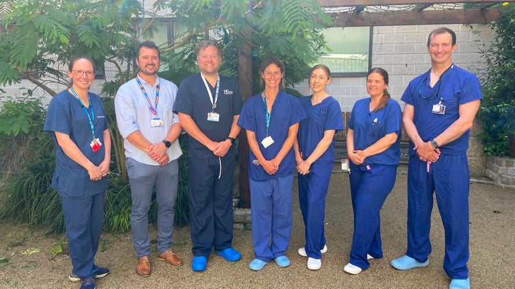 Consultant radiologists Dr Helena Barton and Dr Jonathan Skinner, AngioDynamics representative Dan Canning, consultant radiologist Dr Angie Rogers, Interventional Radiology (IR) Nurse Laura Wall, IR Nurse Robyn MacDonald and consultant radiologist Dr Rhys Llewelyn