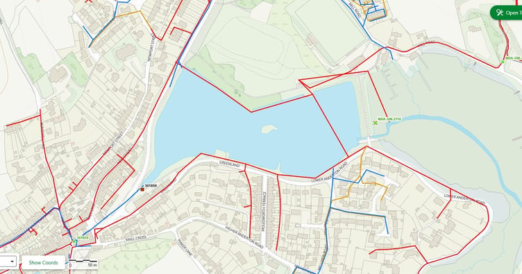 a map of the drainage network. Blue lines indicate surface water sewers, red indicates foul sewers, and orange indicates combined sewers. The four mapped surface water outfalls are also shown in blue