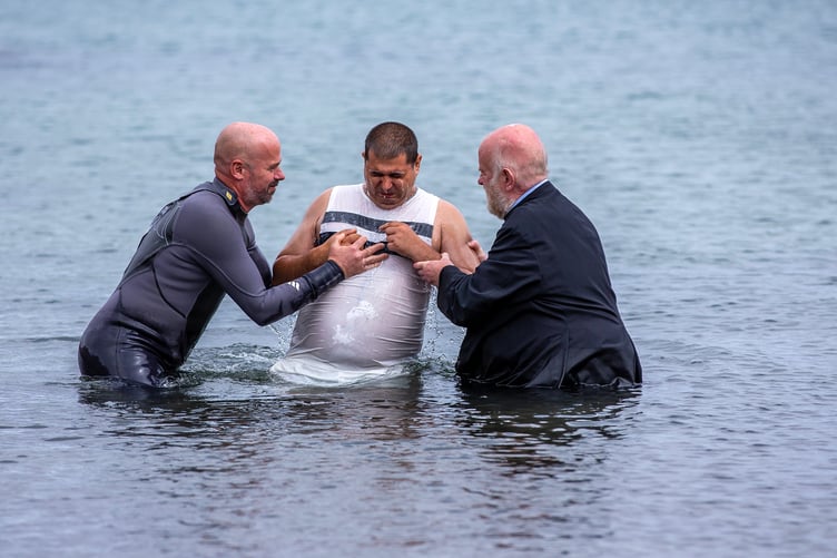 Reverend Stephen Williams, Alexander, Harbour Resident, Charlie Clayton, Member of the Congregation of St Peter's Church, Mevagissey.