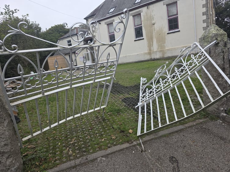 The damaged gates of the Cornwall Islamic Community Centre at Quenchwell
