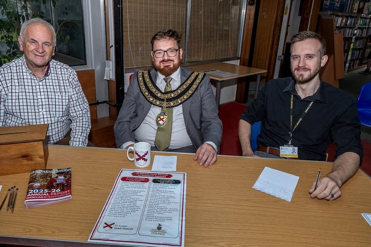 Cllr Paul Ashton, mayor Ethan Stephens and Cllr Jack Yelland at the Meet the Mayor event in St Austell. (Picture: Paul Williams)