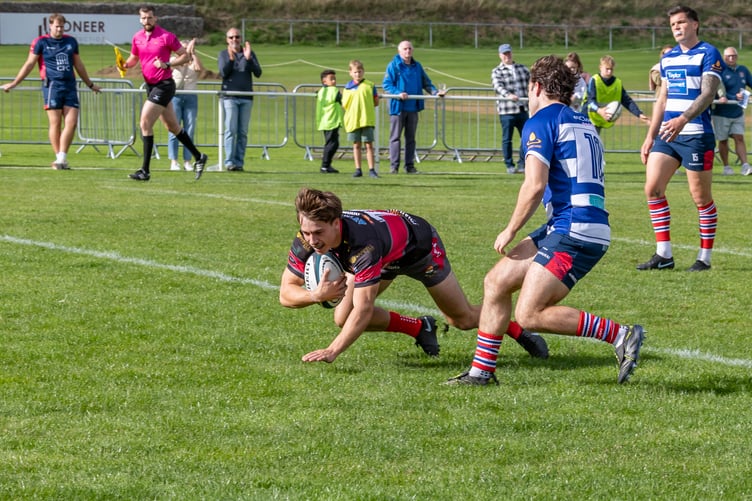 Camborne's Harry Larkins dives in for the opening try in the away win at Sheffield