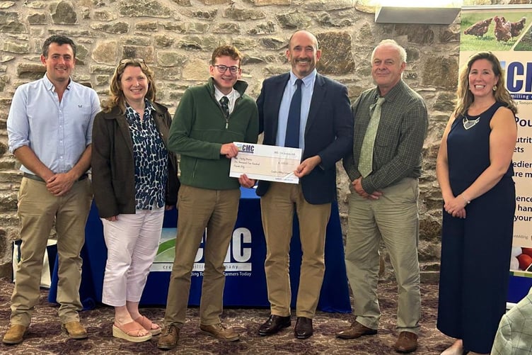 Duchy College’s student, Harley Weston, 20, (third from left) who is studying for an FdSc Agriculture degree at the Stoke Climsland campus, has been named the winner of the prestigious Crediton Milling Farm Business Apprentice 2026 Award, after impressing judges with his innovative and commercially focused approach to farming