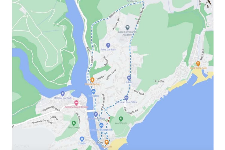 Map of the Looe road closure - the blue line marks the diversion, while the red line marks the part where the road will be closed
