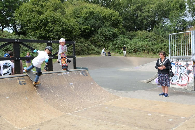 Torpoint mayor, Cllr Julie Martin watches youngsters on the half pipe in Thanckes Park (Picture: Canvas Spaces)