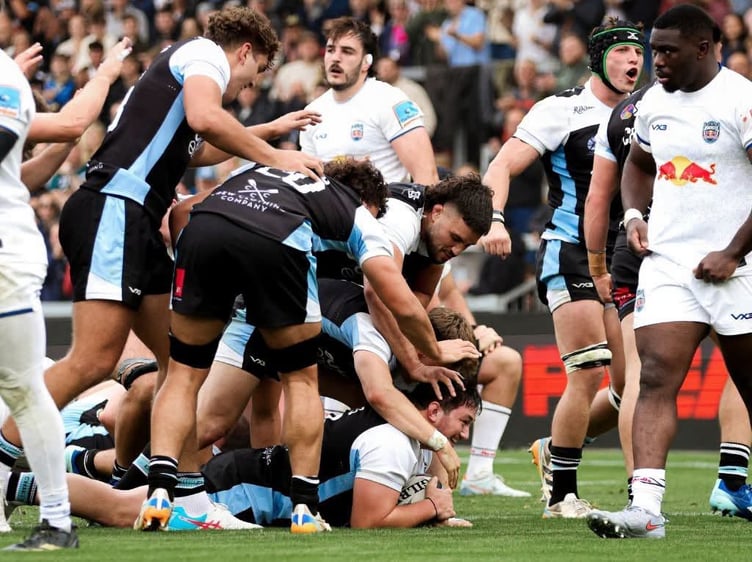 Exeter Chiefs prop Bachuki Tchumbadze claims his side's final try in their win over the Newcastle Red Bulls
