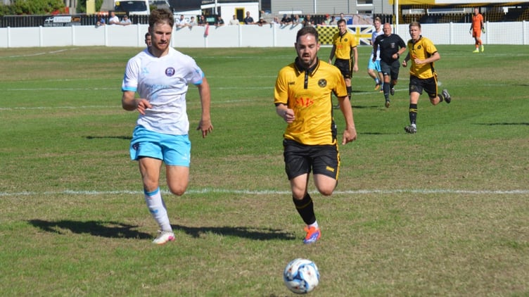 Torpoint's James Rowe, pictured against Clevedon Town earlier in the season, returned to goalscoring form in Somerset.