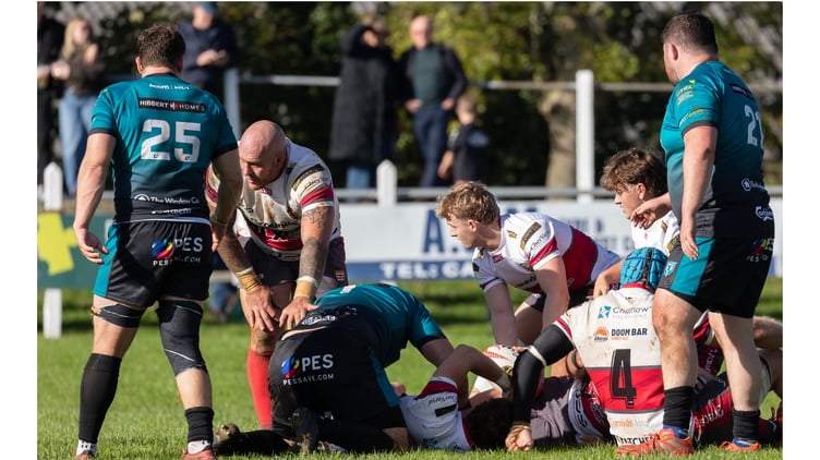 Camborne man-of-the-match Dan Roderick prepares to makes a pass on Saturday.