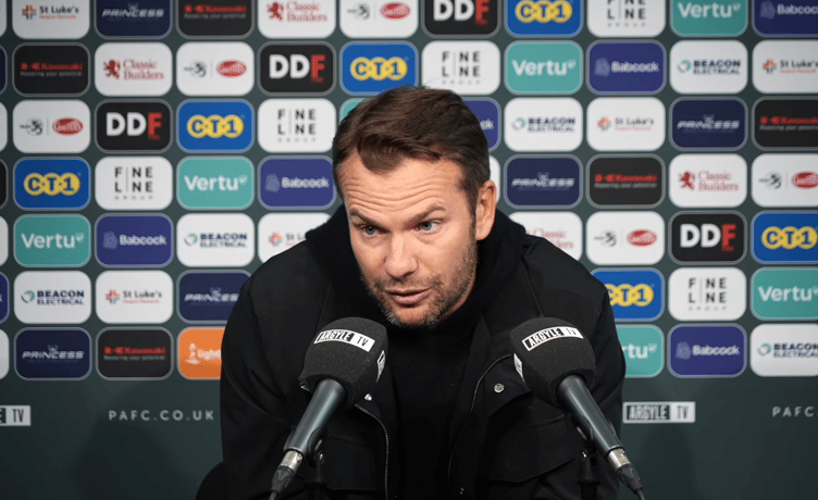 Plymouth Argyle head coach Tom Cleverley addresses the media at Home Park