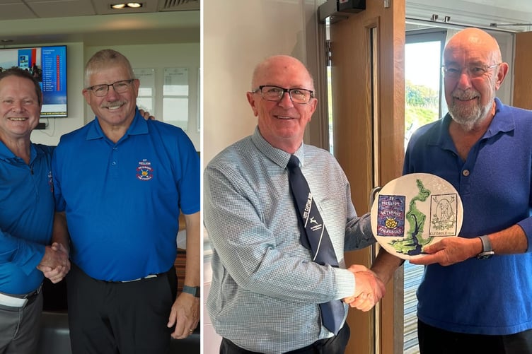 LEFT: Captain Paul Osborne congratulates the Willcocks Shield winner, Mick Calvert. RIGHT: Nigel Coulson-Stevens (right) presented 'The Platter' by Elfordleigh's Paul Hazell.